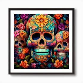 Maraclemente Many Sugar Skulls Colorful Flowers Vibrant Colors 12 Art Print