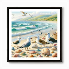 Seagulls On The Beach Poster