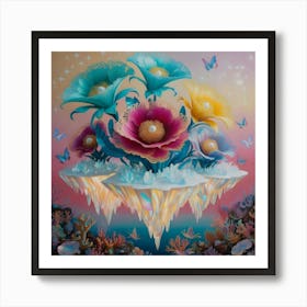 A Surreal Scene Featuring Giant Flowers Sprouting From Floating Islands With An Interesting Blend Of Coral Reefs, Butterflies, And Stars Art Print