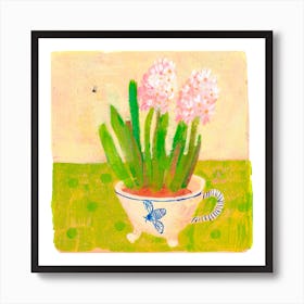 Pink Hiacinth In A Mug With A Bee Square Art Print