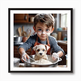 Little Boy Baking With Dog Art Print