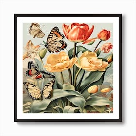 Tulips And Butterflies 1 Art Print