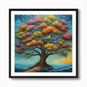 Chromatic Arboreal Splendor: A Stylized Rendition of Nature’s Palette . neo-impressionist wall art. tree of life... Art Print