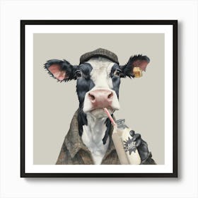 Watercolour Dairy Cow Drinking Milk Art Print