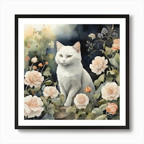 White Cat With Roses Art Print