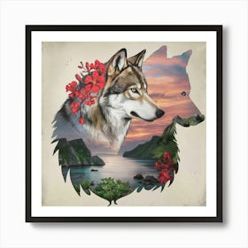 Wolf With Flowers 3 Art Print