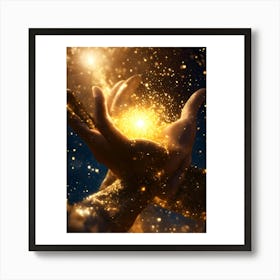 Two Hands Holding A Golden Light Art Print