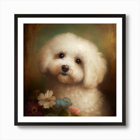 White Poodle With Flowers Art Print