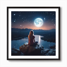 Girl Looking At The Moon Art Print