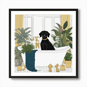 gold line drawing of a black dog in a bathtub, houseplants, botanical, jewel tones Art Print