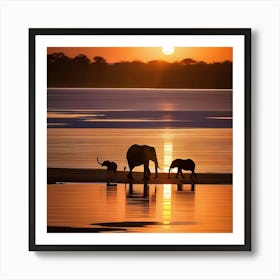 Elephants At Sunset Art Print