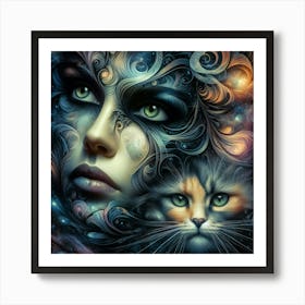 Cat And Woman In Space 1 Art Print