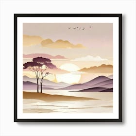 Sunset On The Lake gold lilac Art Print