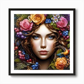 Woman With Flowers On Her Head 2 Art Print