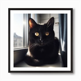 Black Cat Sitting On Window Sill Art Print