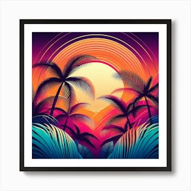 Hawaiian Sunset With Tropical Palm Leaves Art Print