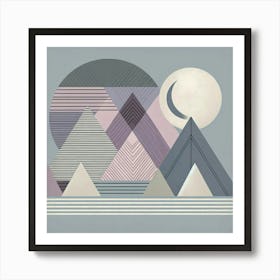 "Geometric Lullaby: Moonlit Mountains"  In this serene composition, the cool glow of a slender crescent moon bathes a landscape of geometric mountains in soft light. Each peak, adorned with its own pattern, stands under a backdrop of layered circles that hint at the vast cosmos. Striped plains stretch before these textured titans, inviting contemplation. The palette is a soothing blend of mauve, slate, and cream, echoing the quiet of nightfall. This piece is a modernist’s retreat, offering a moment of stillness where the complexities of shape and the calm of evening meet. Art Print