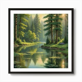 Lake With Green Field And Surrounded By Trees Art Print