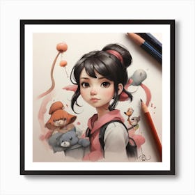 Girl With Teddy Bears Art Print