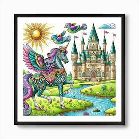 Unicorn And Castle Coloring Page 1 Art Print