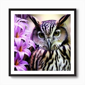 Owl In Purple Flowers 3 Art Print