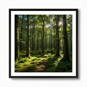 A Tranquil Forest With Towering Green Trees And A Carpet Of Moss Covered Ground, With Dappled Sunlight Creating A Serene And Magical Atmosphere Art Print