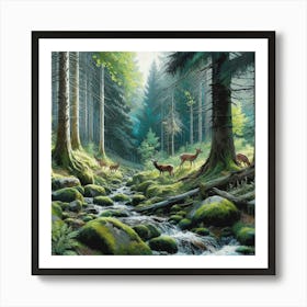 Deer In The Forest, Acrylic Painting Style Art Print