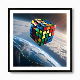 A Majestic Rubik S Cube, With Vibrant Stickers Reflecting A Kaleidoscope Of Colors, Hovers Over Planet Earth Art Print