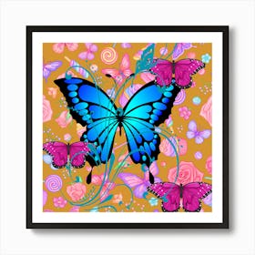 Butterfly And Roses Art Print