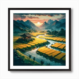 Beautiful views of rice fields, close to the river and surrounded by mountains, 10 Art Print