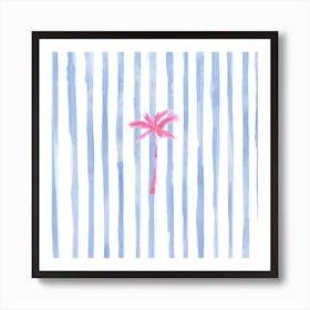 Blue Stripe Pink Palm Tree Square Art Print