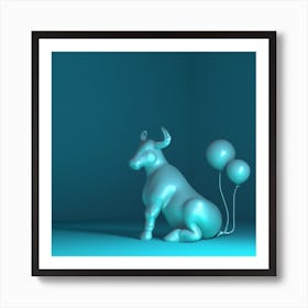 Neon Turquoise Bull With Balloon Tail Art Print