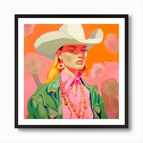 Abstract Pink Green Cowgirl Portrait Art Print