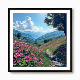 Pink Flowers In The Mountains Art Print