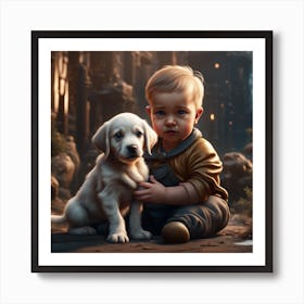 Baby with a puppy Art Print