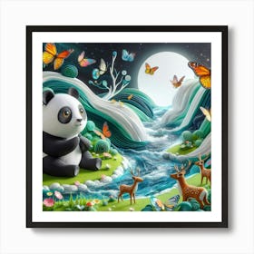 A beautiful scene waterfall with a cute panda. Art Print