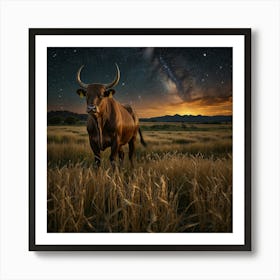 Bull In A Field At Night Art Print