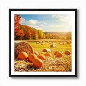 Autumn Harvest Scene Featuring Oversized Pumpkins Nestled Among Stalks Of Sunlit Corn Bales Of Hay (2) Art Print