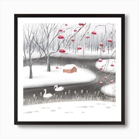 Swans In The Snow Square Art Print