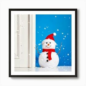 Snowman With Glittery Silver Sequin Decorations Peeking From Behind A Vibrant White Wall Its Friend Art Print