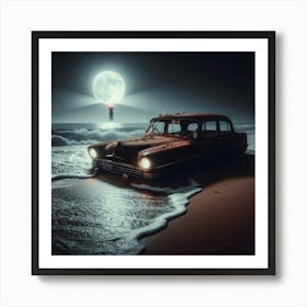 Abandoned Car At Night Art Print