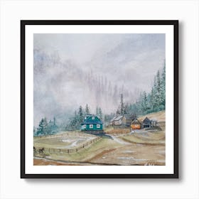 Fog In The Mountain Village Square Art Print