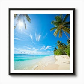 A Sunny Beach In A Tropical Paradise Palm Trees Bending Slightly Above The Turquoise Waters Edge (4) Art Print