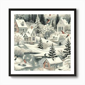 Winter Village In The Forest Art Print