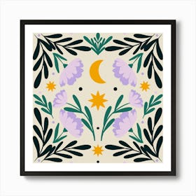 Stars Moon And Flowers - violet and green Art Print