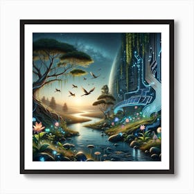 Twilight Nexus: The Dance of Nature and Innovation Art Print