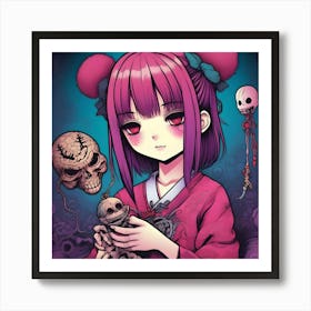 Anime Girl Holding Skeletons Art Print