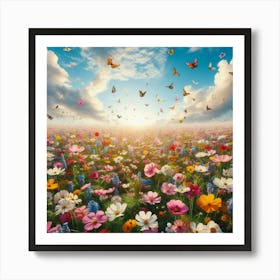 Colorful Flower Field With Butterflies 2 Art Print