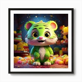 Firefly 3d, Animated, Cute, Little, Happy, Green, Tiger, Yellow Eyes, Candy, Store, Whimsical, Playf (3) Art Print