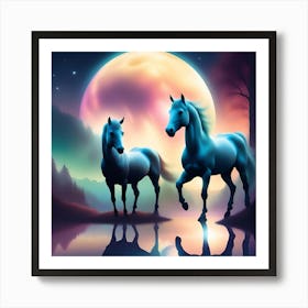 Two Horses In The Moonlight Art Print